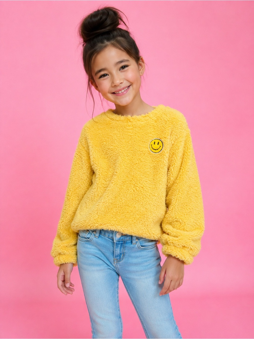 Lola + The Boys Yellow Fuzzy Smiley Face Sweatshirt | Size 4